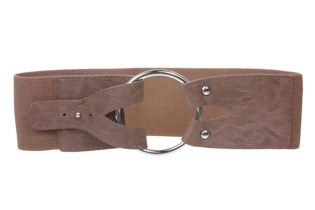 3" inch Wide High Waist Brass Ring strap Fold closure Stretch Belt - OnlineBelts