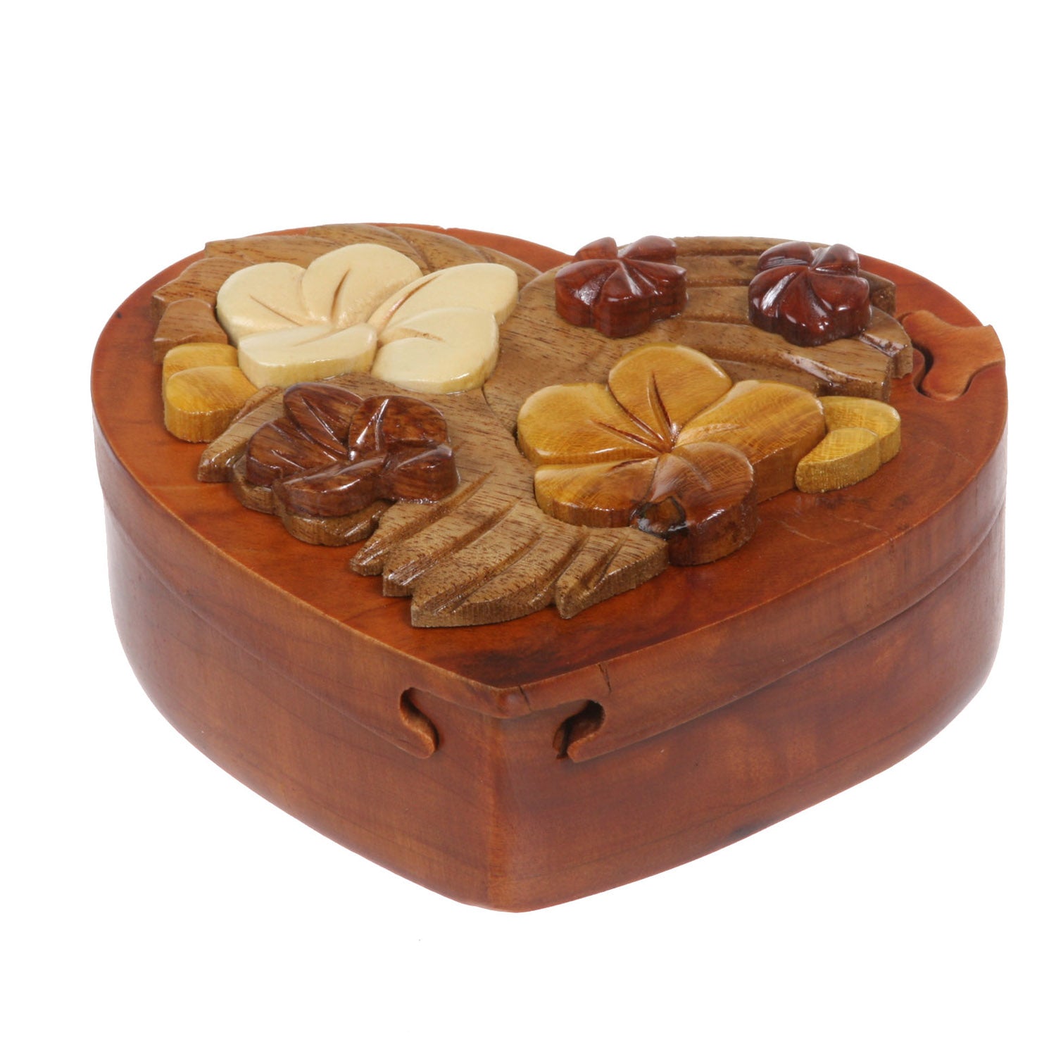 Handcrafted Wooden Heart Shape Secret Jewelry Puzzle Box - Heart & Flower - OnlineBelts
