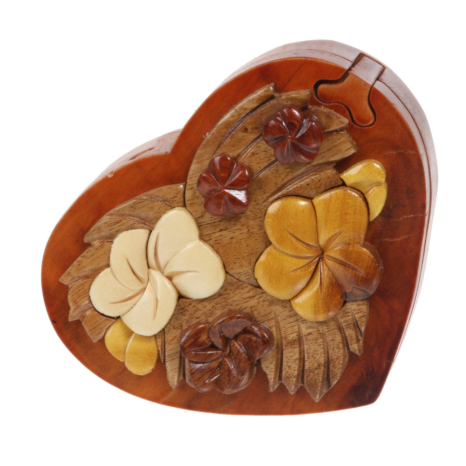 Handcrafted Wooden Heart Shape Secret Jewelry Puzzle Box - Heart & Flower