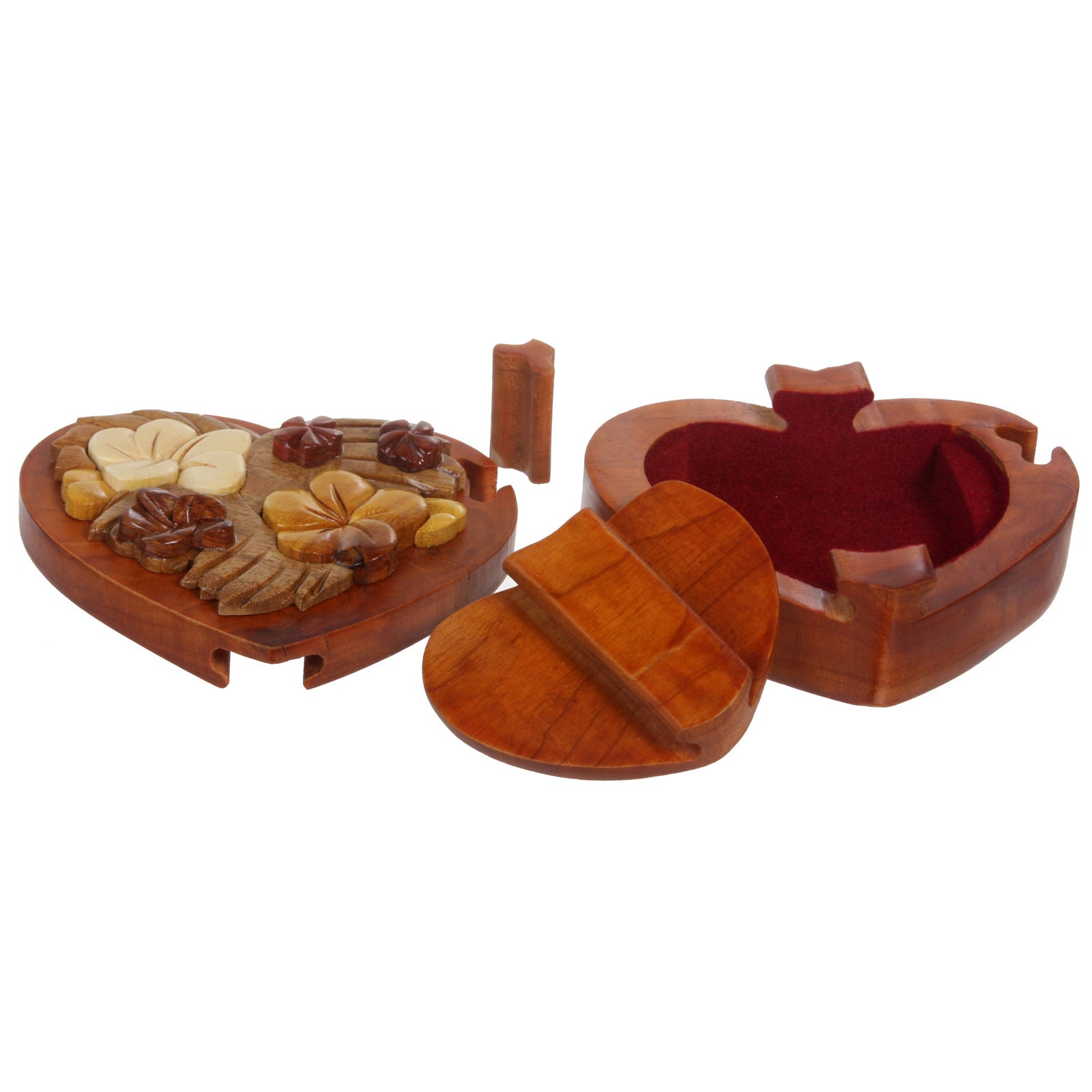 Handcrafted Wooden Heart Shape Secret Jewelry Puzzle Box - Heart & Flower - OnlineBelts