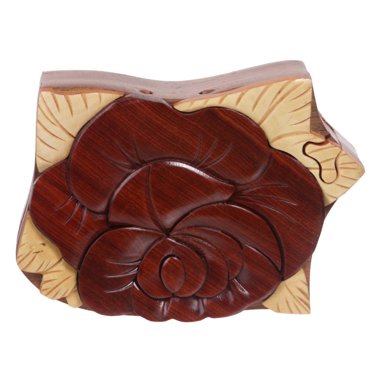 Handcrafted Wooden Rose Flower Shape Secret Jewelry Puzzle Box - OnlineBelts