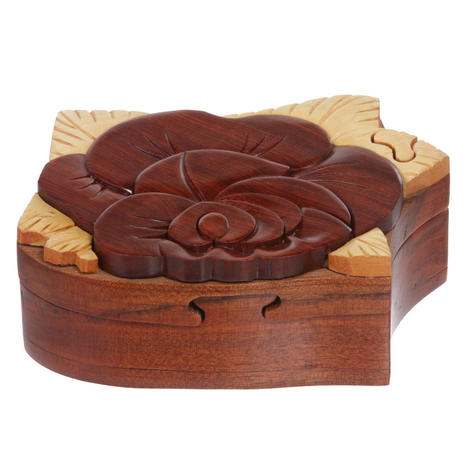 Handcrafted Wooden Rose Flower Shape Secret Jewelry Puzzle Box - OnlineBelts