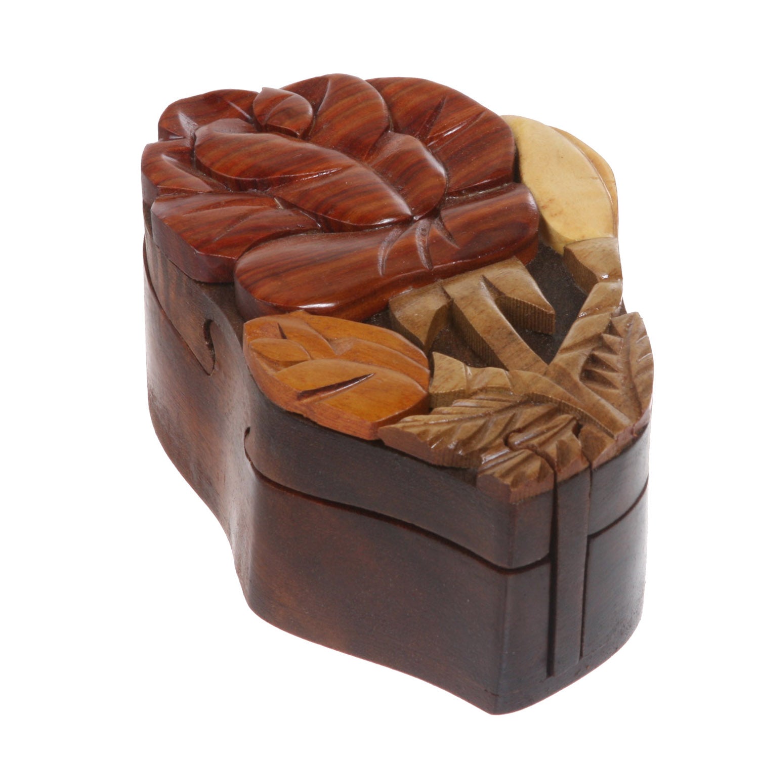Handcrafted Wooden Rose Flower Shape Secret Jewelry Puzzle Box - OnlineBelts