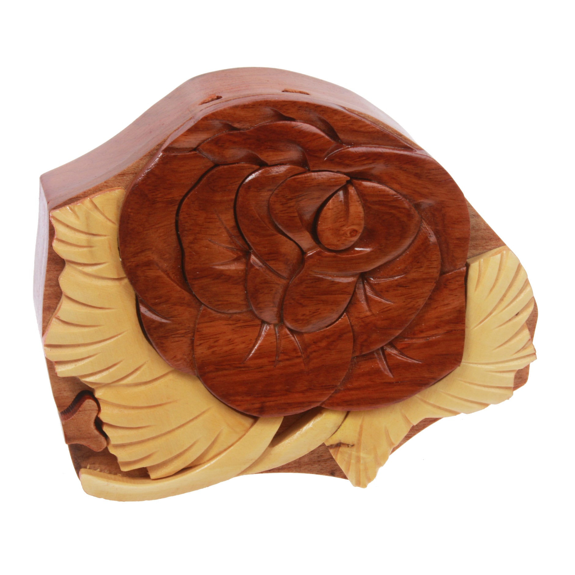 Handcrafted Wooden Rose Flower Shape Secret Jewelry Puzzle Box - OnlineBelts