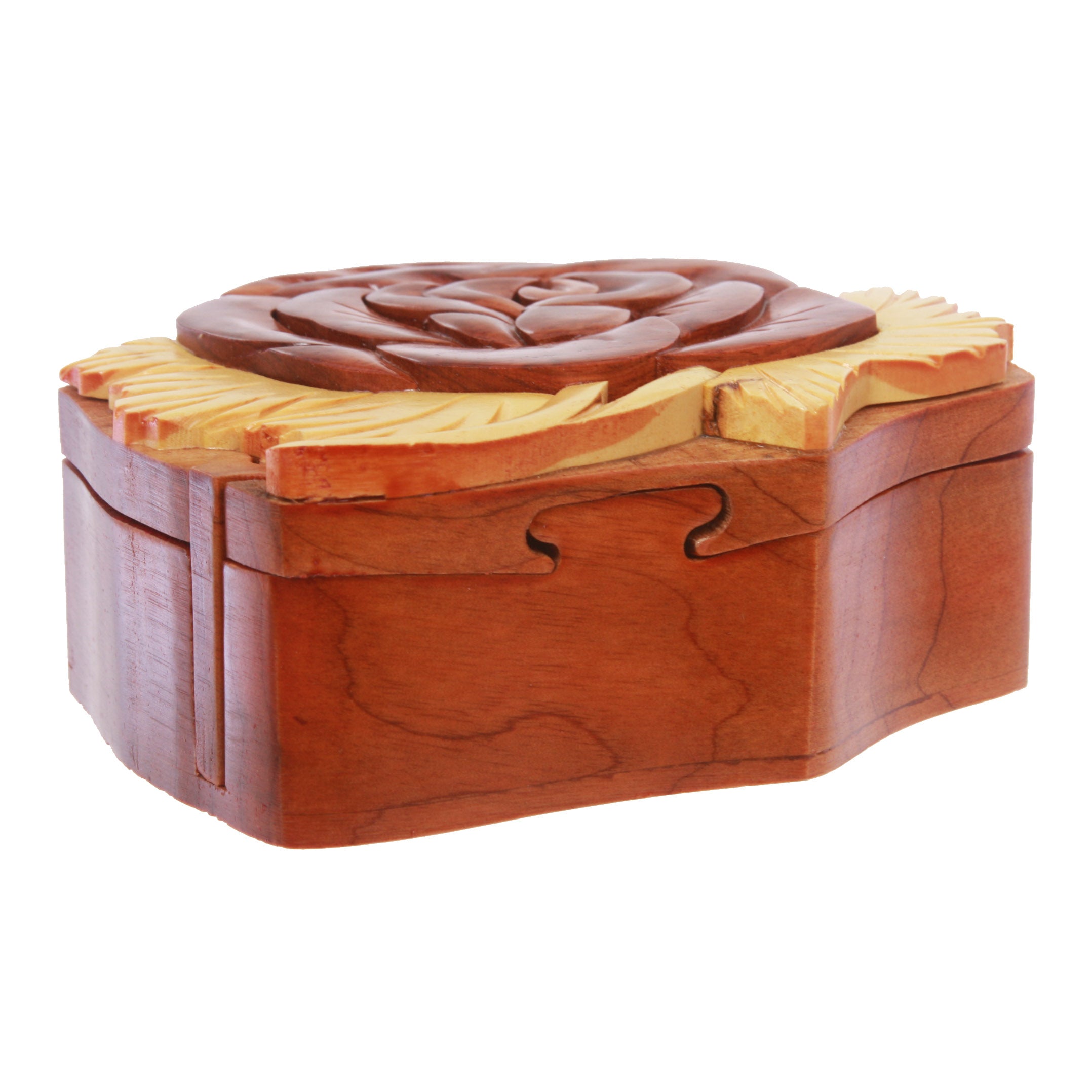 Handcrafted Wooden Rose Flower Shape Secret Jewelry Puzzle Box - OnlineBelts