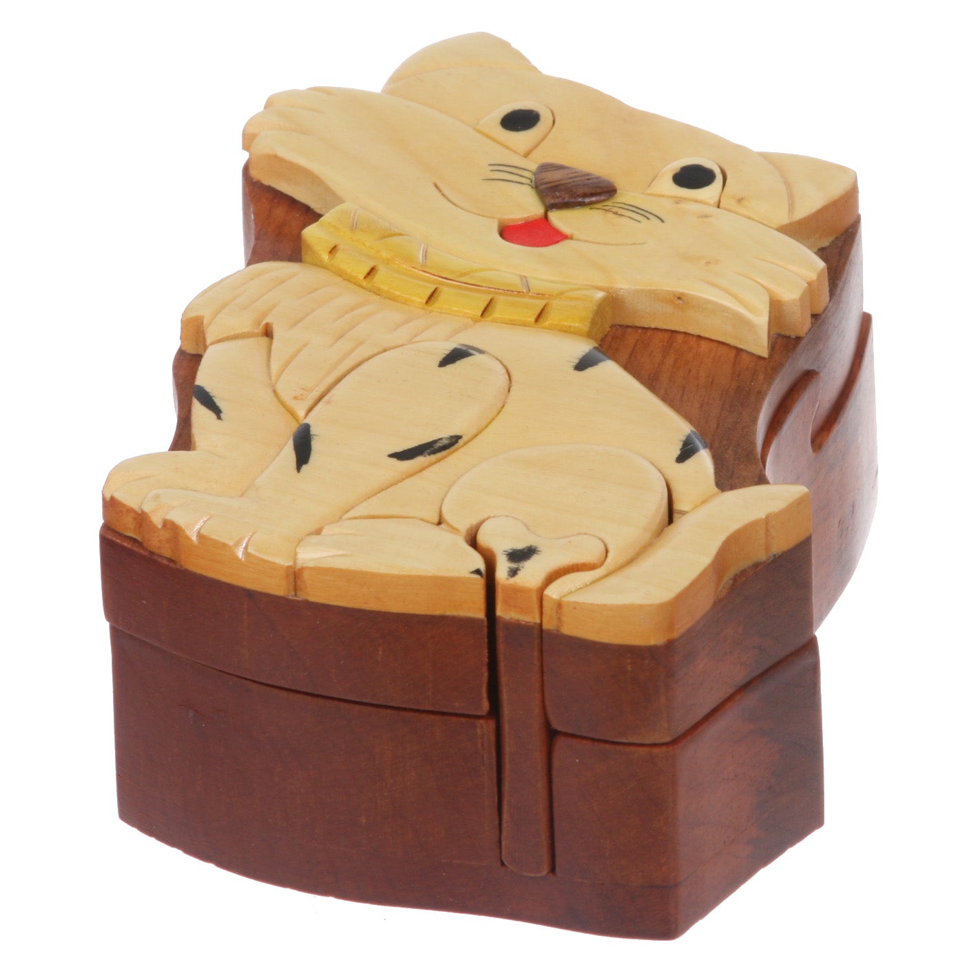 Handcrafted Wooden Animal Shape Secret Jewelry Puzzle Box - Cat - OnlineBelts