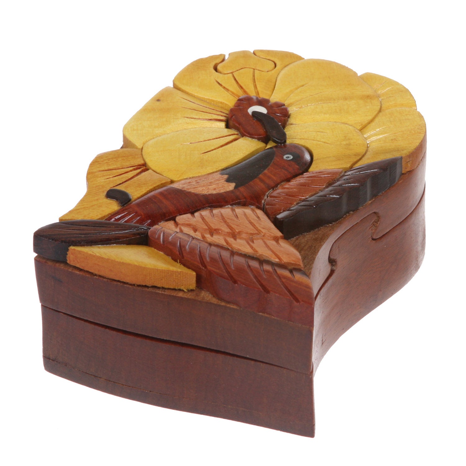 Handcrafted Wooden Bird & Flower Secret Jewelry Puzzle Box