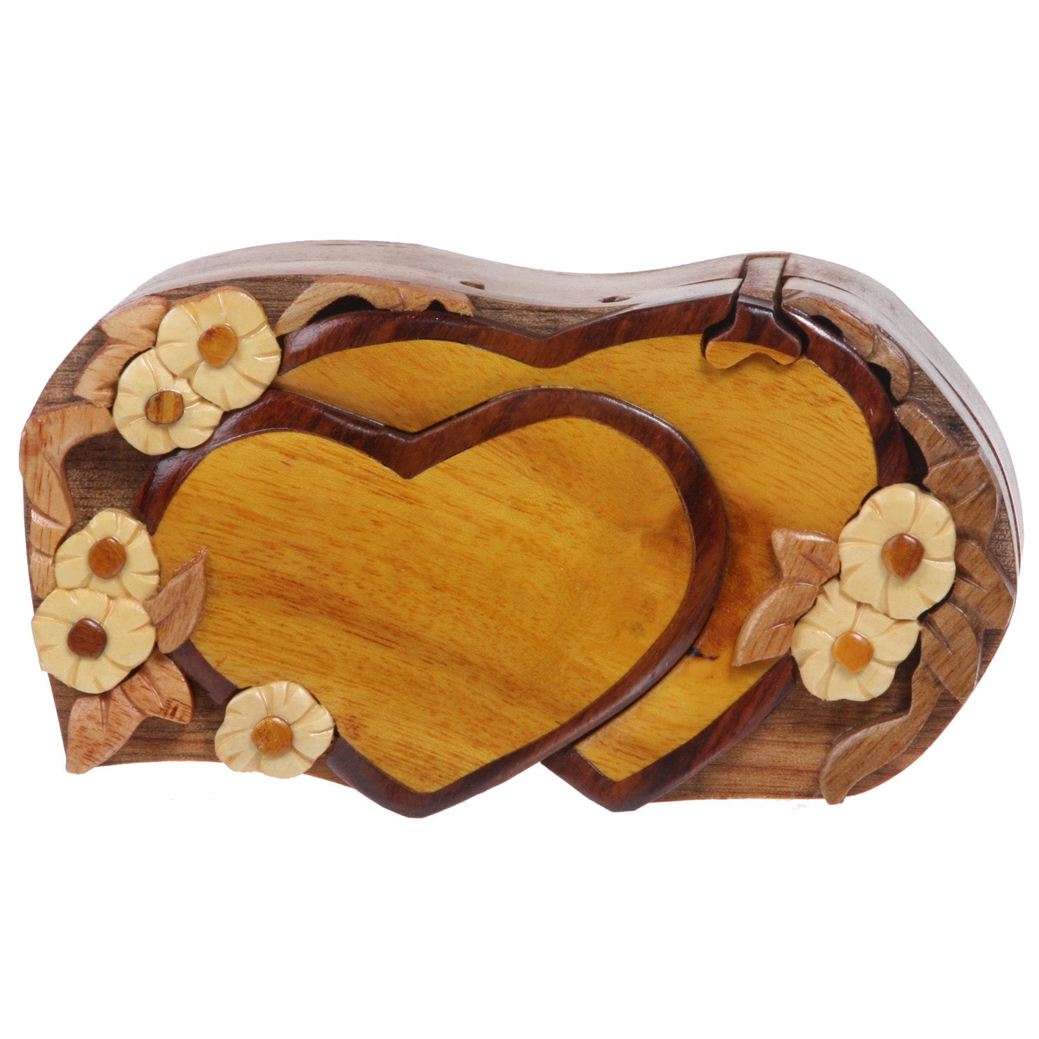 Handcrafted Wooden Double Heart Shape Secret Jewelry Puzzle Box - OnlineBelts