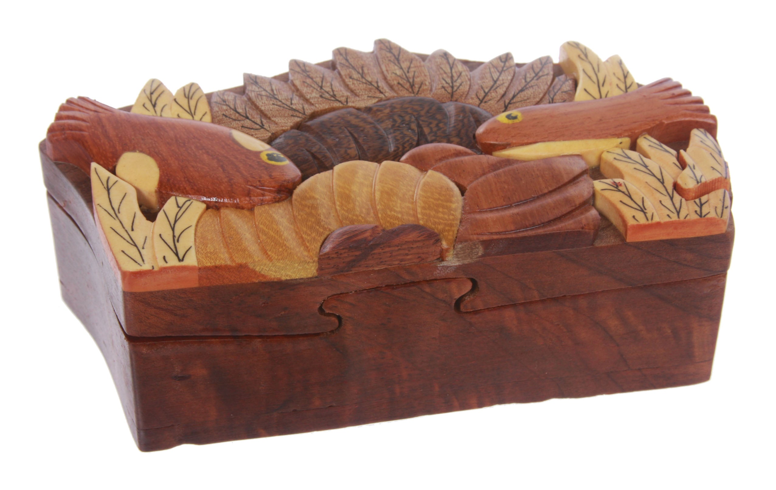 Handcrafted Wooden Fish Shape Secret Jewelry Puzzle Box -Fish