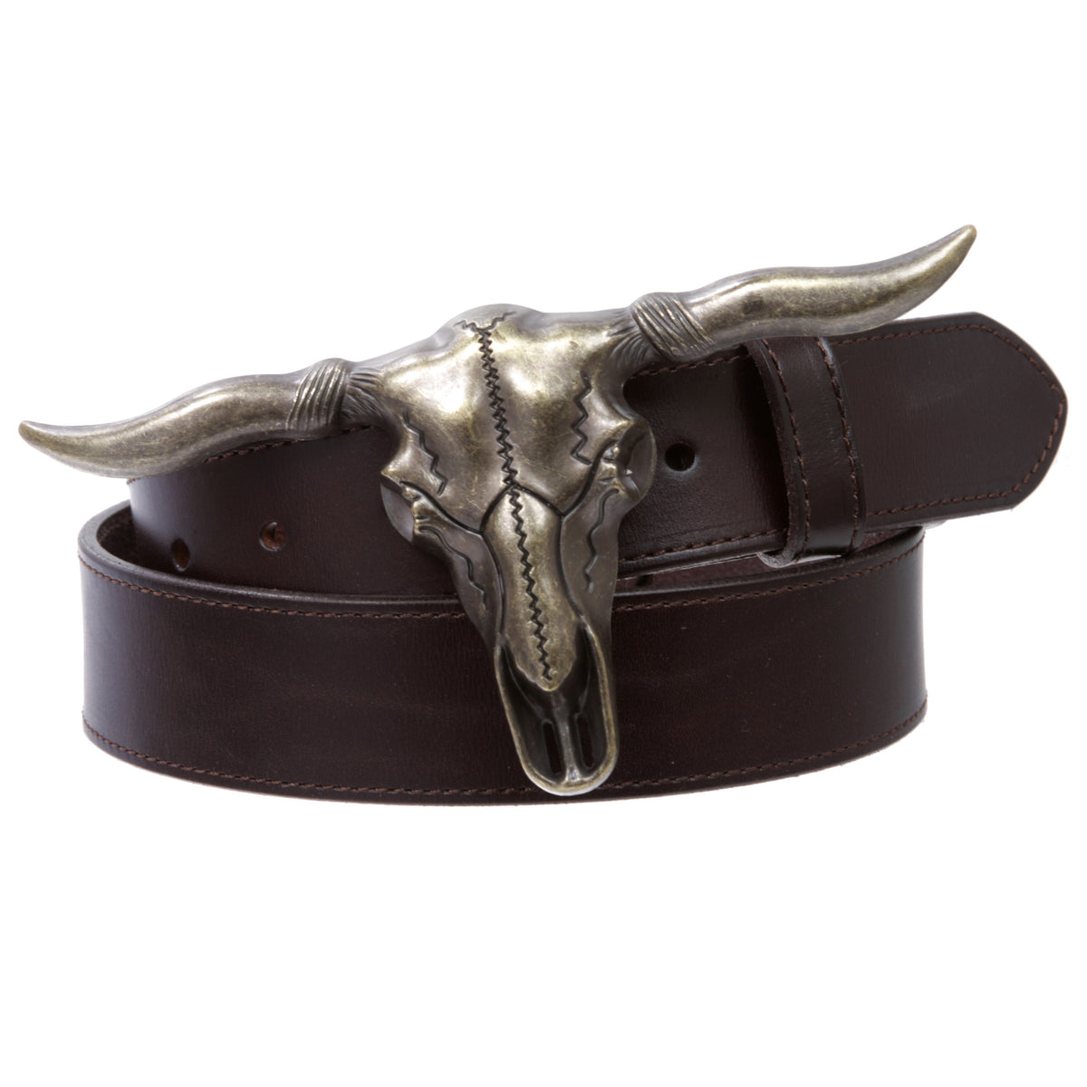 NEW ! Western vegan Silver and Brown Western Belt with Bull Head Buckle Longhorn Buckle Set - 1 1/2 main image 2