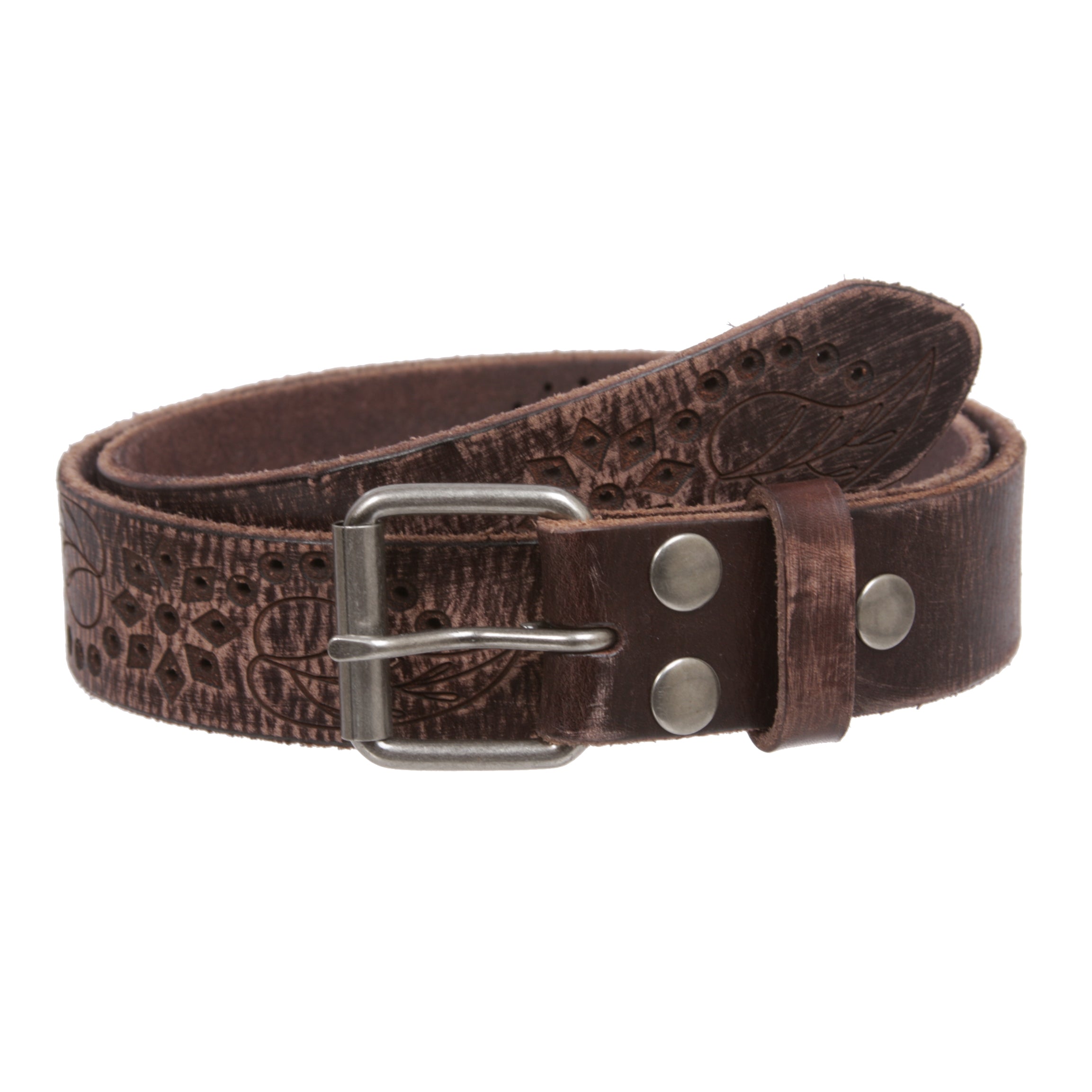 1 1/4" Snap On Embossed Floral Leaf Perforated Vintage Soft Cowhide Full Grain Thick Leather Casual Jean Belt - OnlineBelts