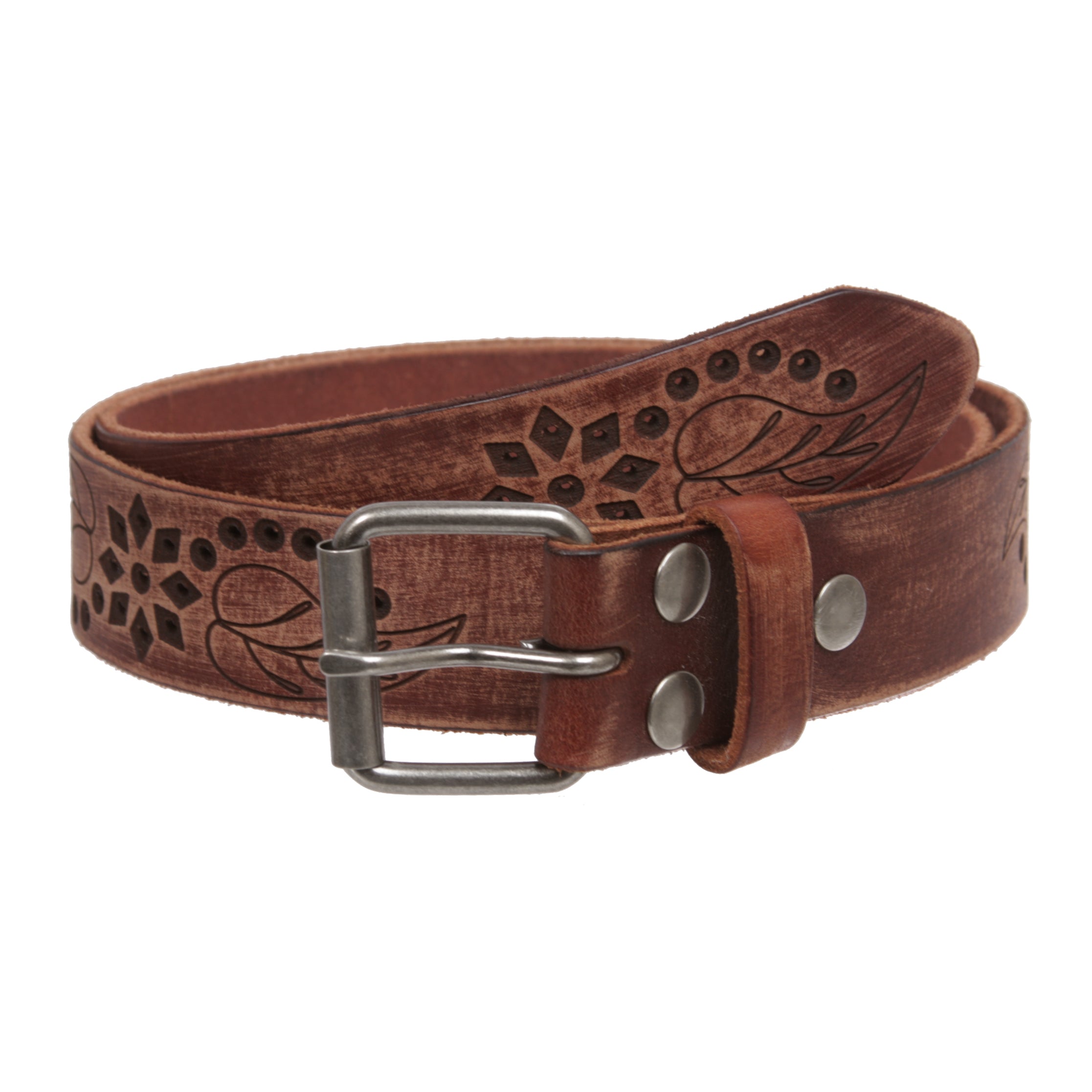 1 1/4" Snap On Embossed Floral Leaf Perforated Vintage Soft Cowhide Full Grain Thick Leather Casual Jean Belt - OnlineBelts