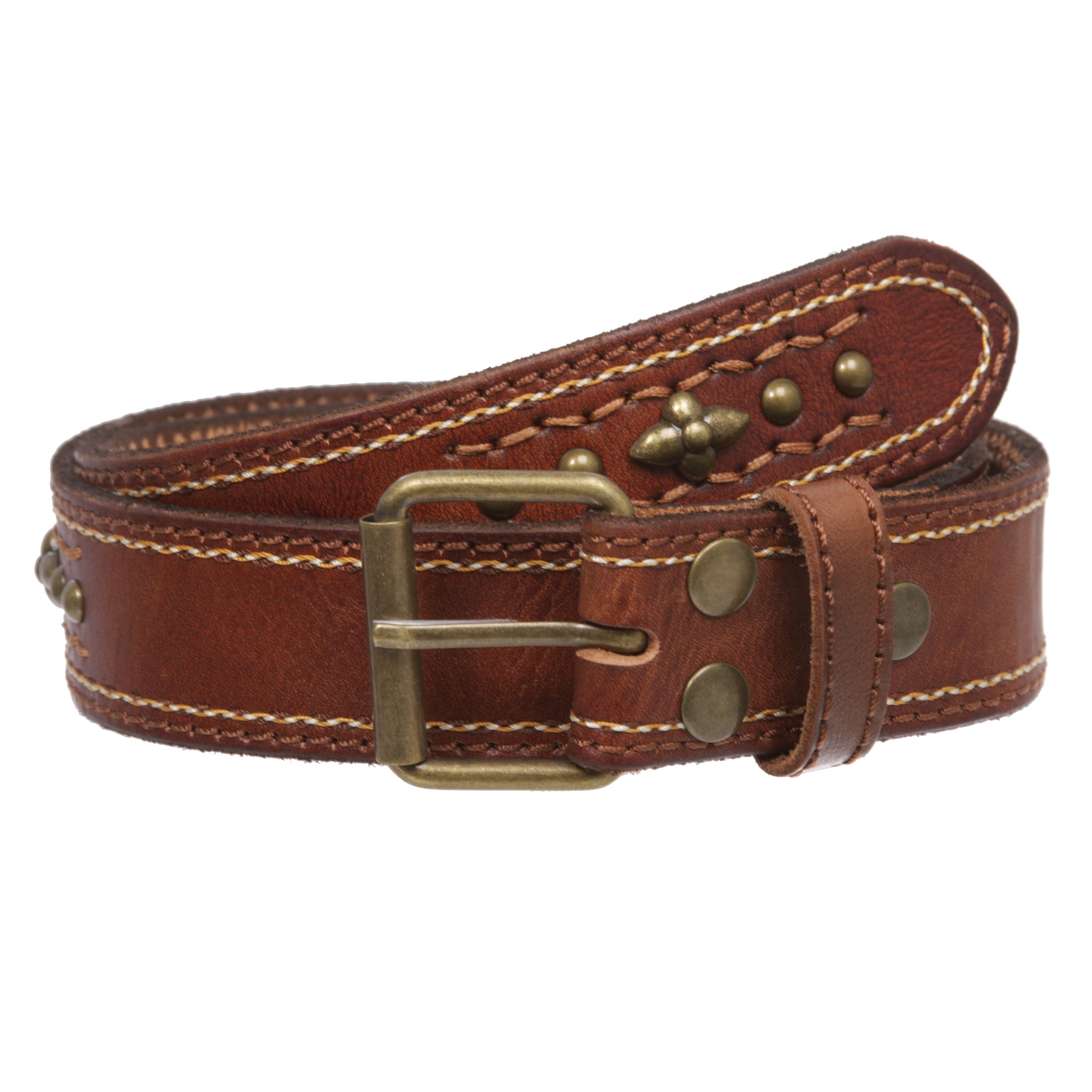 Full Grain Leather Studded Roller Buckle Belt - 1.5" Wide Snap-On - OnlineBelts