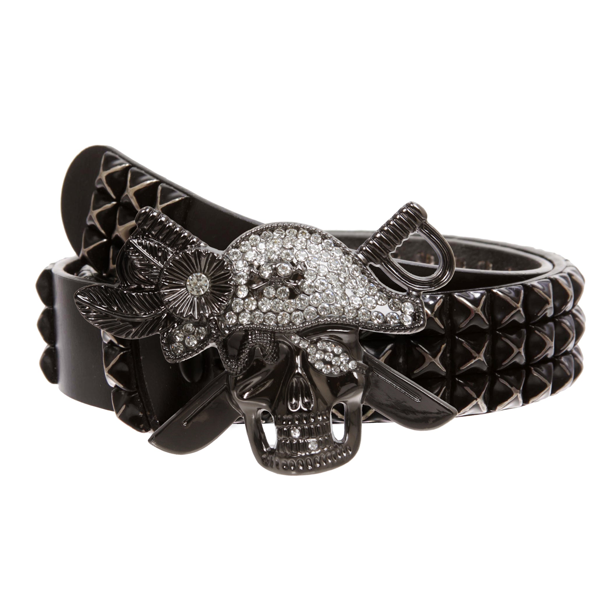 Men’s Pirate Skull Buckle Cowhide Leather Belt with 3-Row Distressed Pyramid Studs