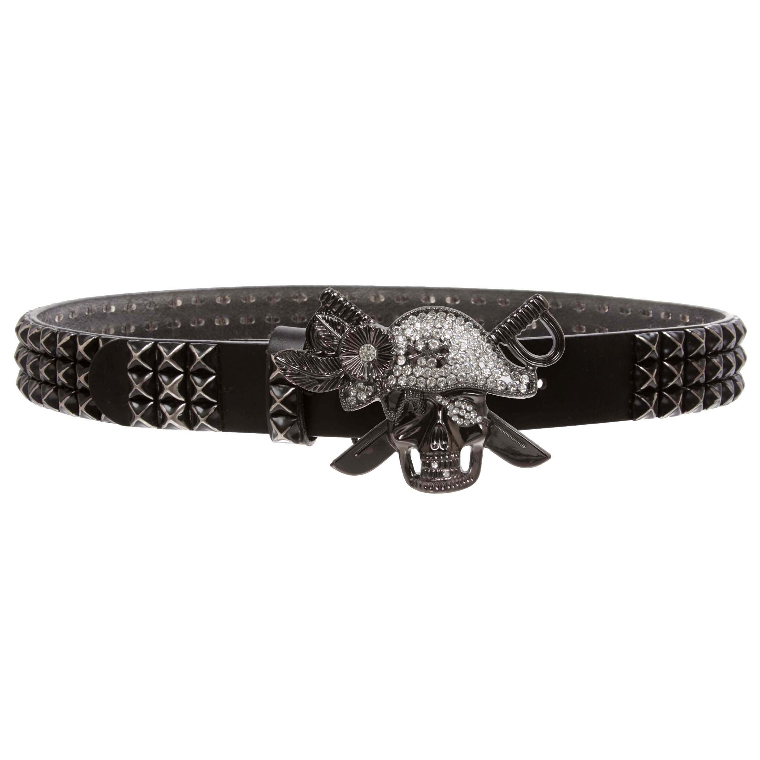 Men’s Pirate Skull Buckle Cowhide Leather Belt with 3-Row Distressed Pyramid Studs