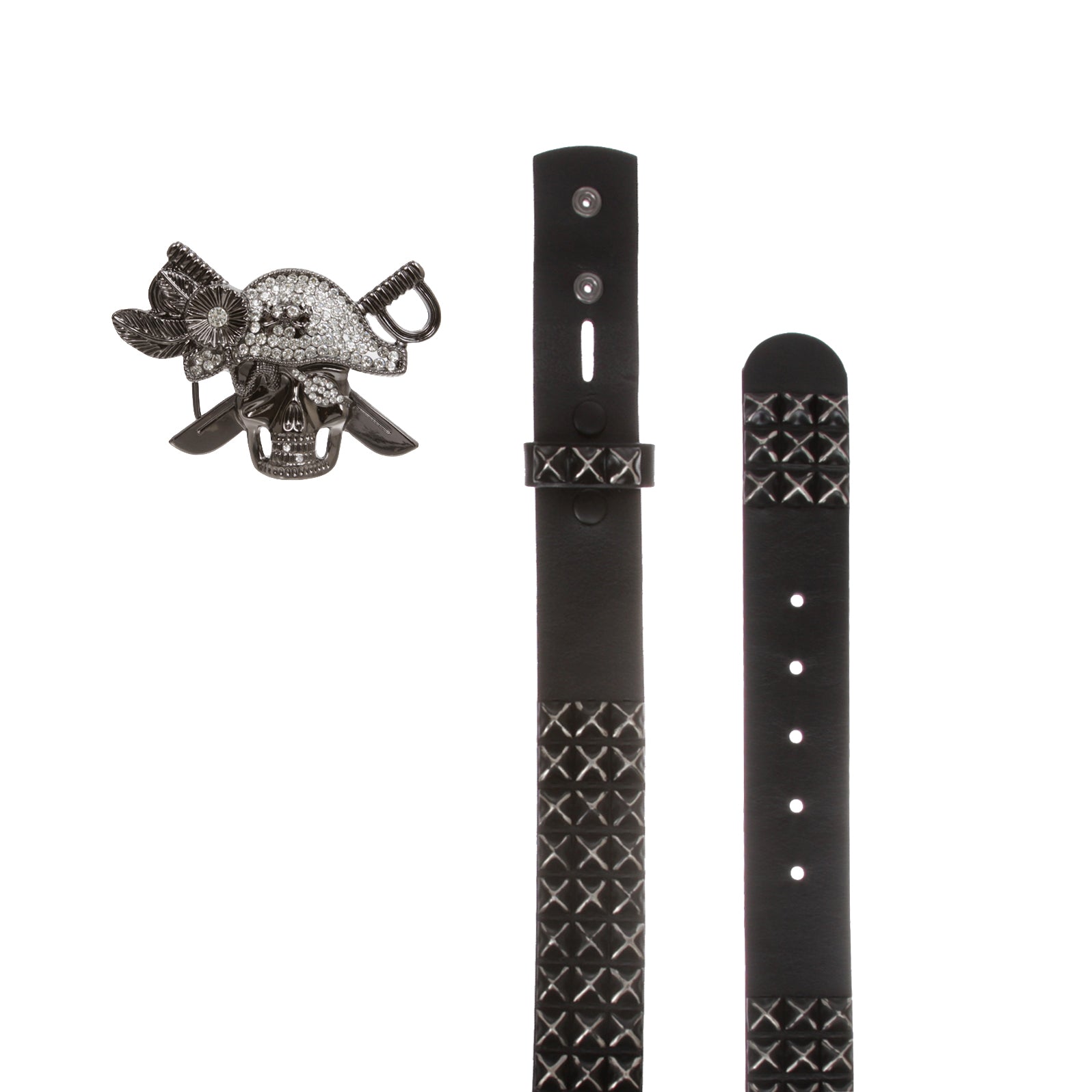 Men’s Pirate Skull Buckle Cowhide Leather Belt with 3-Row Distressed Pyramid Studs