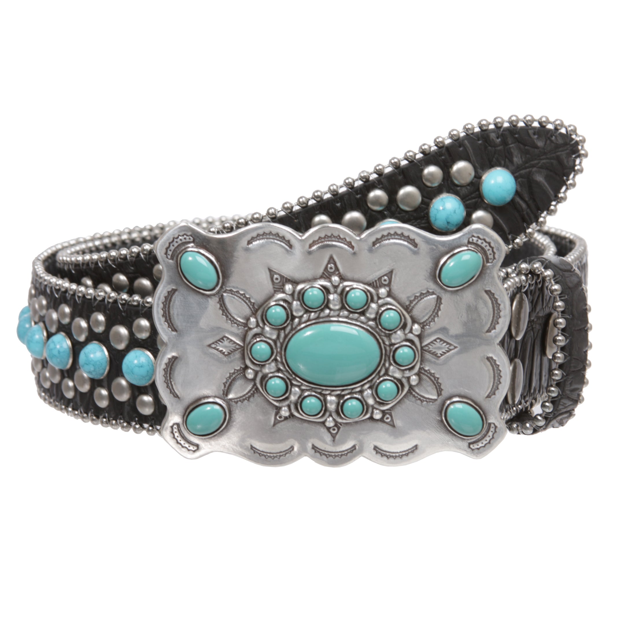 Western Concho Belt with Turquoise Stones and Removable Buckle - 1 1/2" Wide