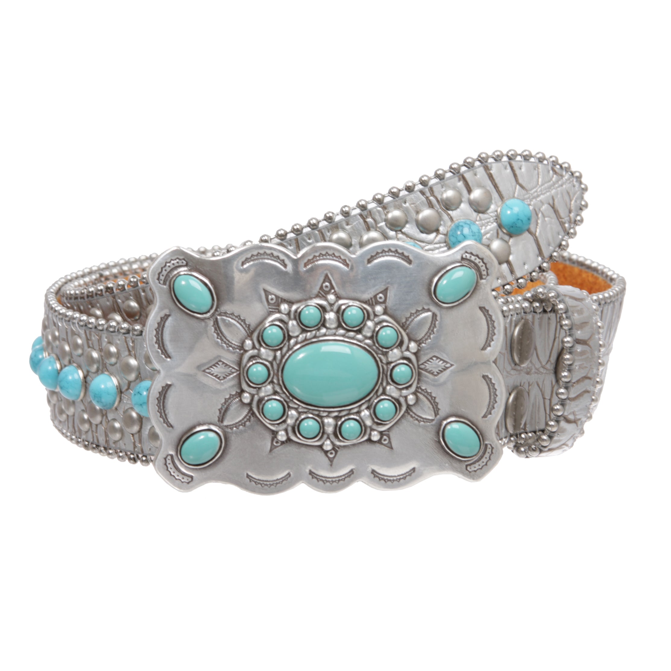 Western Concho Belt with Turquoise Stones and Removable Buckle - 1 1/2" Wide