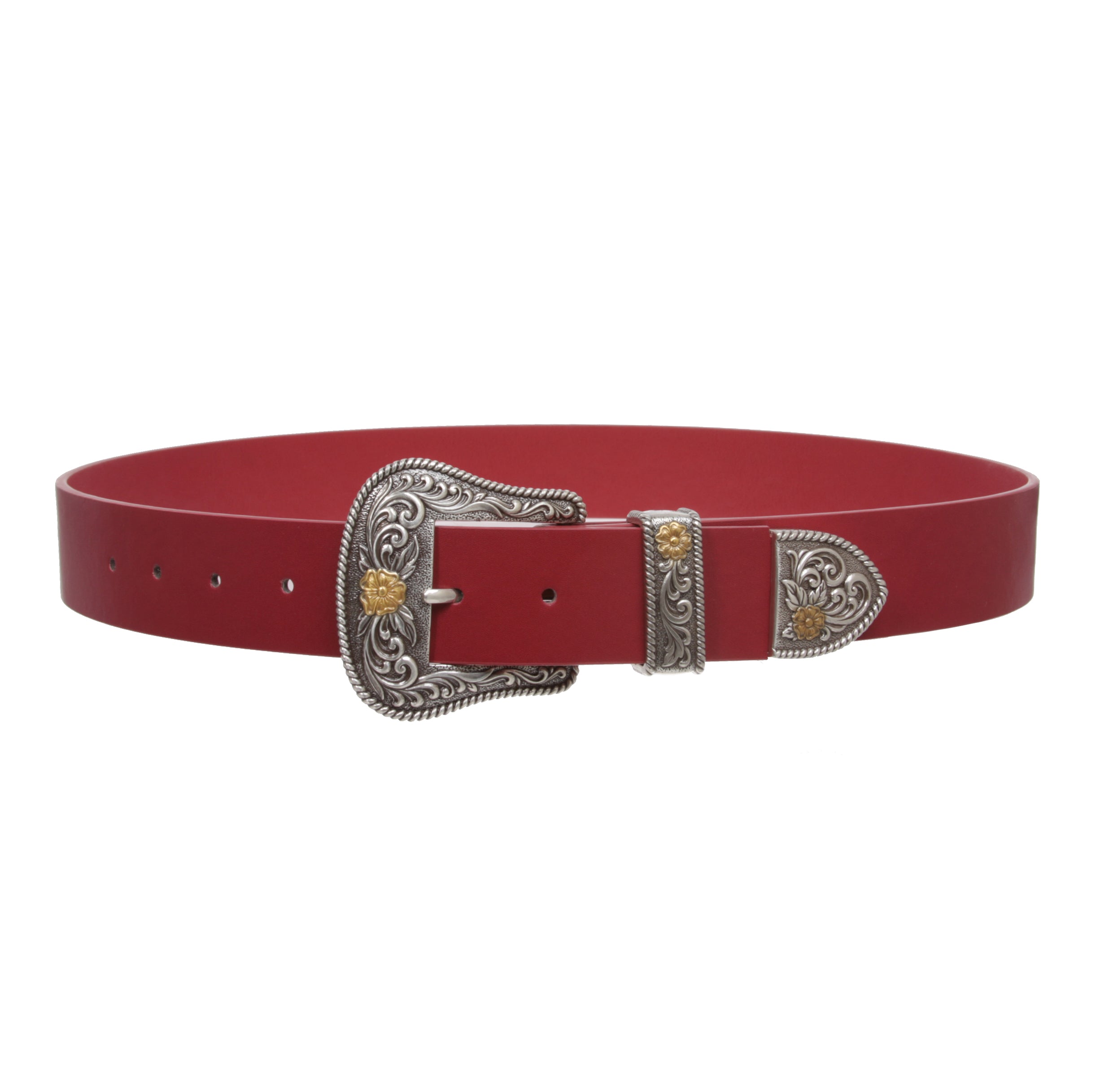 Western Floral Buckle Faux Leather Belt - 1 1/2" Wide, Two-Tone Silver & Gold Buckle Set
