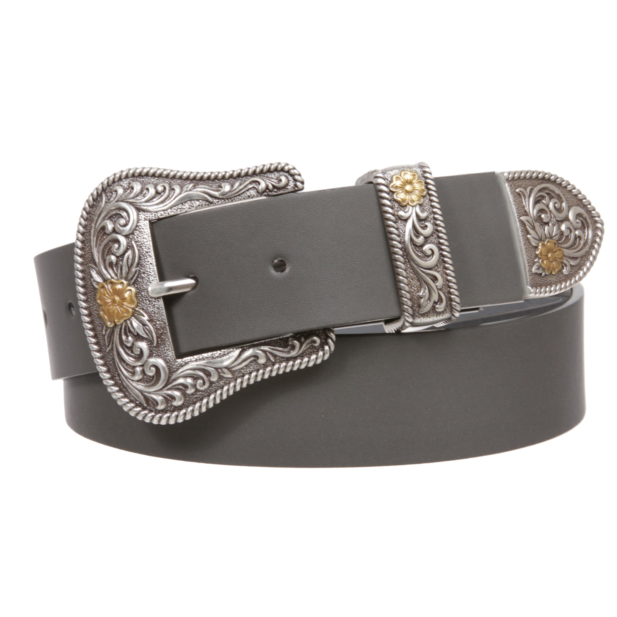 Western Floral Buckle Faux Leather Belt - 1 1/2" Wide, Two-Tone Silver & Gold Buckle Set