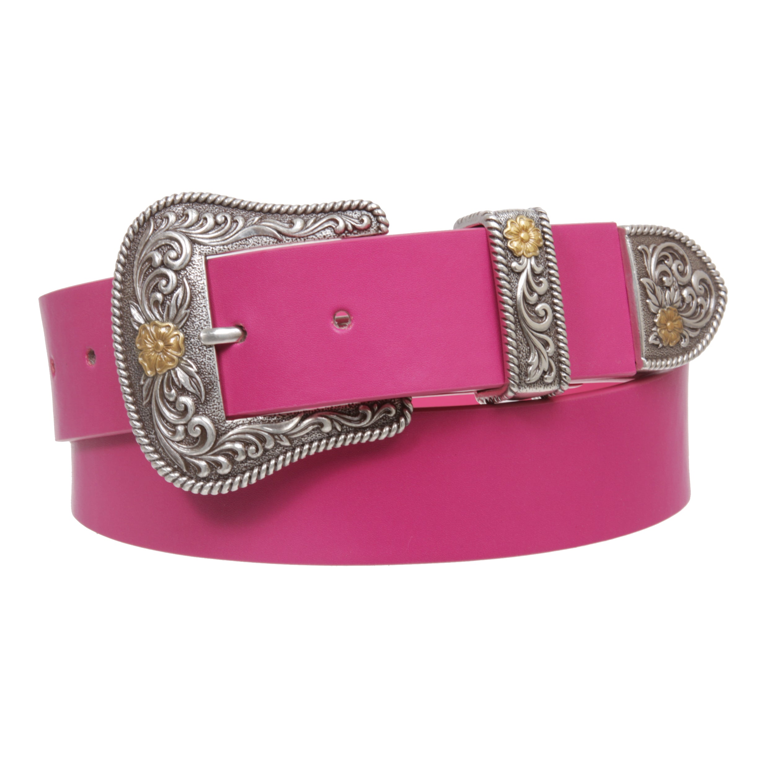 Western Floral Buckle Faux Leather Belt - 1 1/2" Wide, Two-Tone Silver & Gold Buckle Set