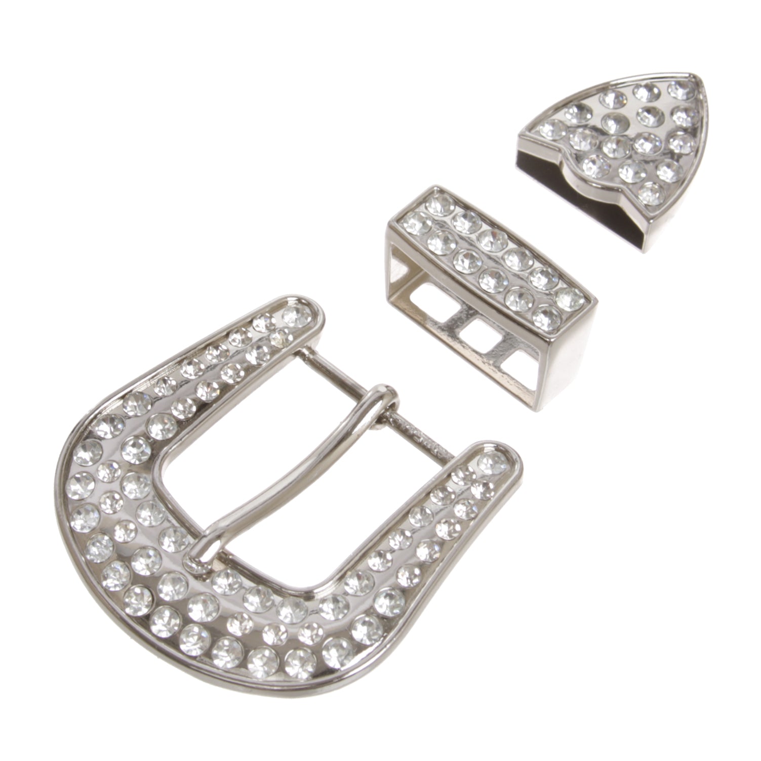 Western Rhinestone 3-Piece Belt Buckle Set - Fits 1 3/8" Straps, Silver Crystal Finish