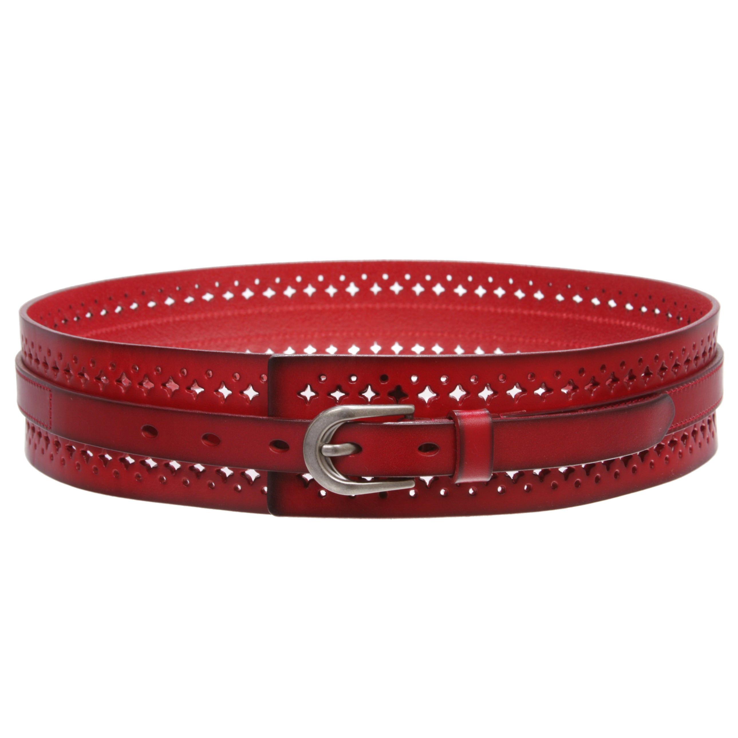 Women‘s Vintage Cowhide Leather Cutout Waist Belt with Skinny 3/4" Strap - 2 1/4" Wide