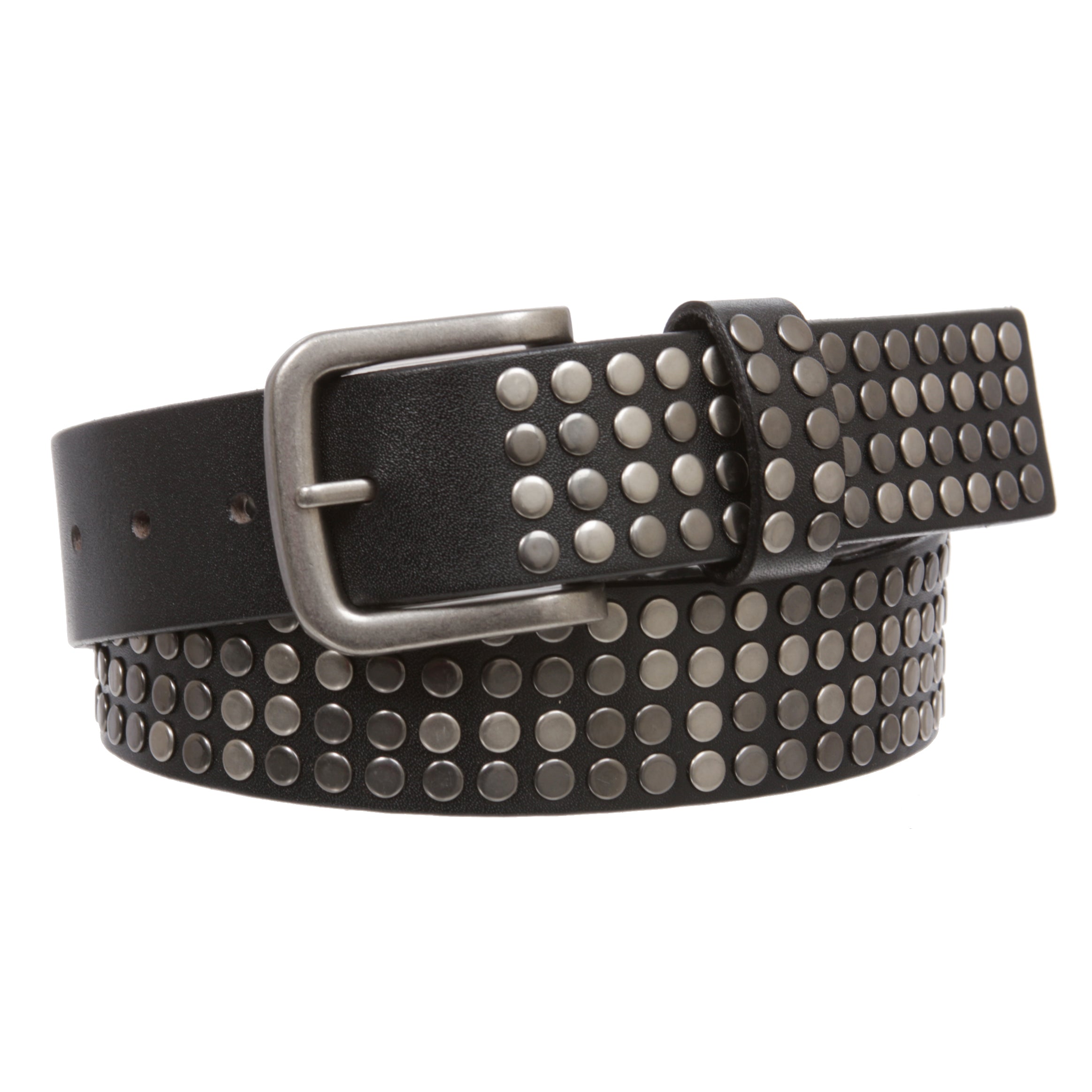 1 1/2" Snap on Antique Silver Circle Metal Studded Distressed Leather Belt