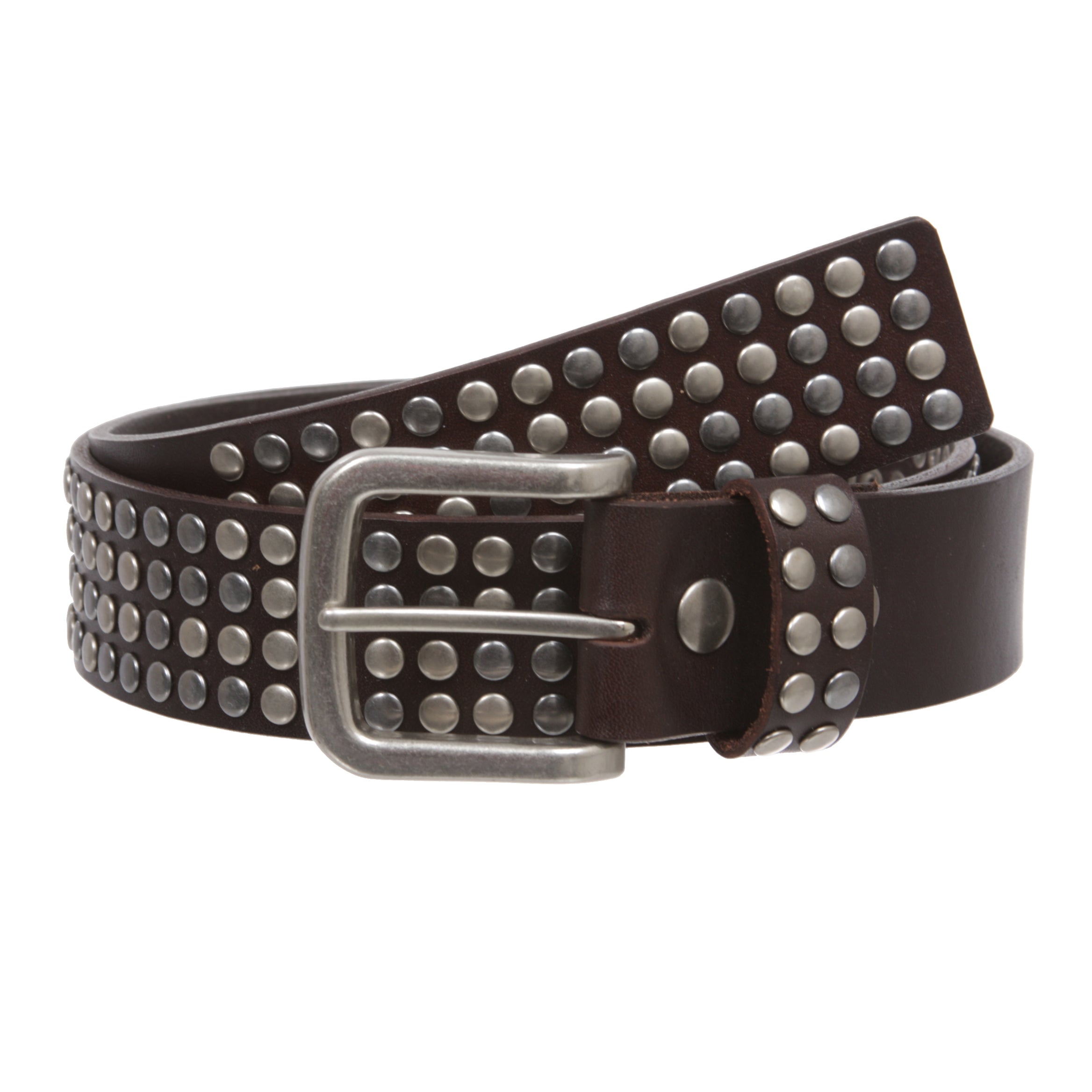 1 1/2" Snap on Antique Silver Circle Metal Studded Distressed Leather Belt