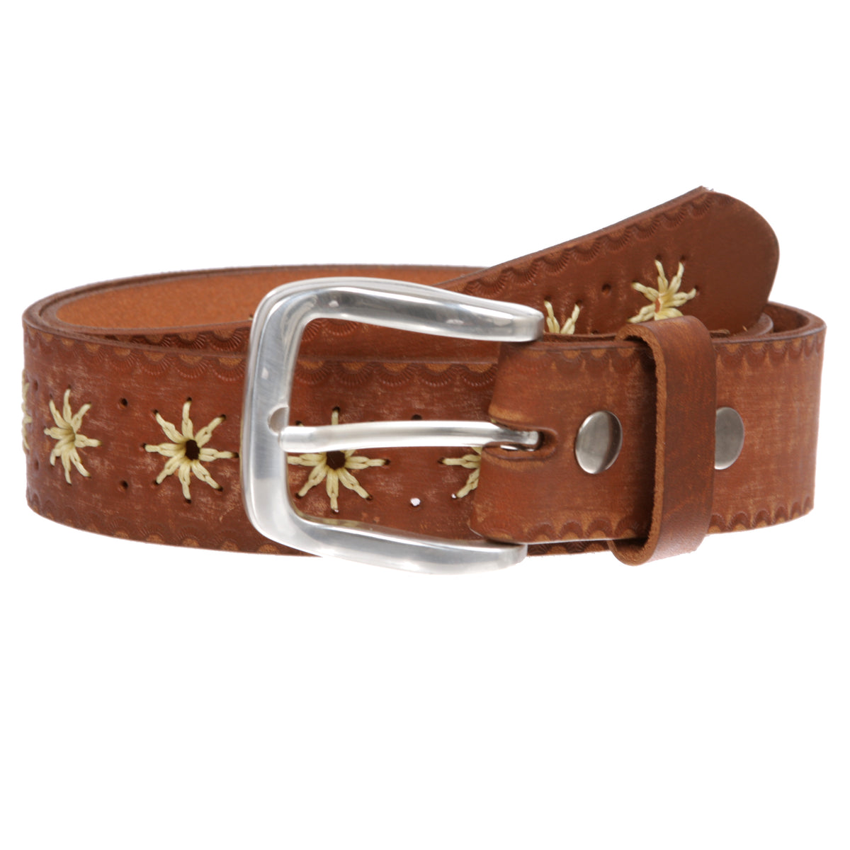 1 1/2" (38 mm) Snap on Western Vintage Embossed Sunflower Leather Belt