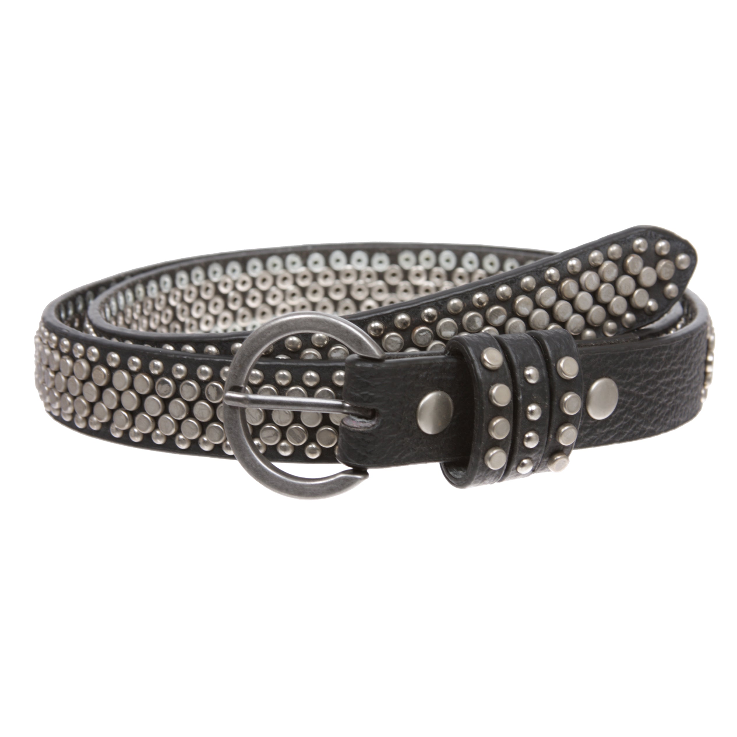 Women's Riveted Nail Heads Round Circle Studded Skinny Leather Jean Belt - OnlineBelts