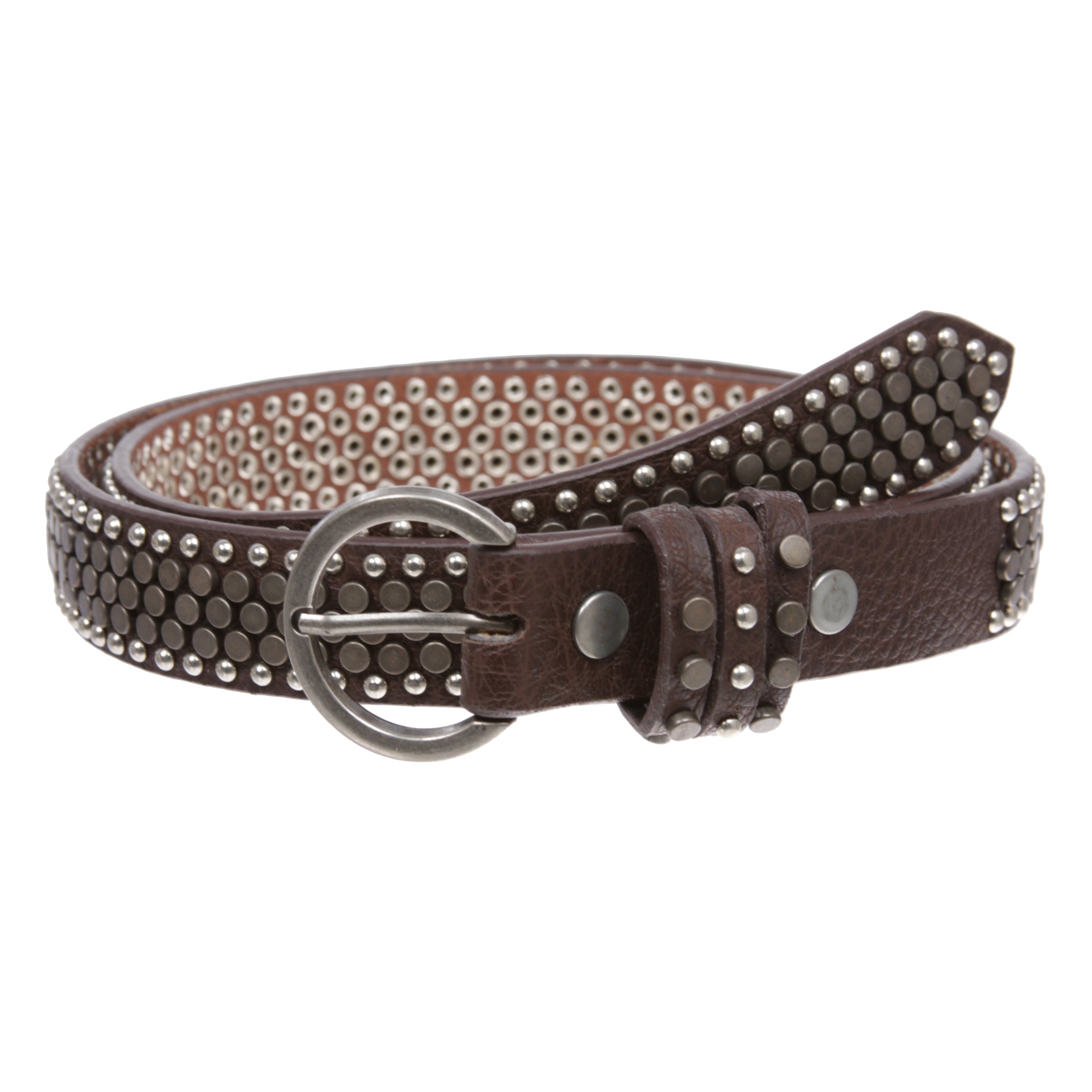 Women's Riveted Nail Heads Round Circle Studded Skinny Leather Jean Belt - OnlineBelts