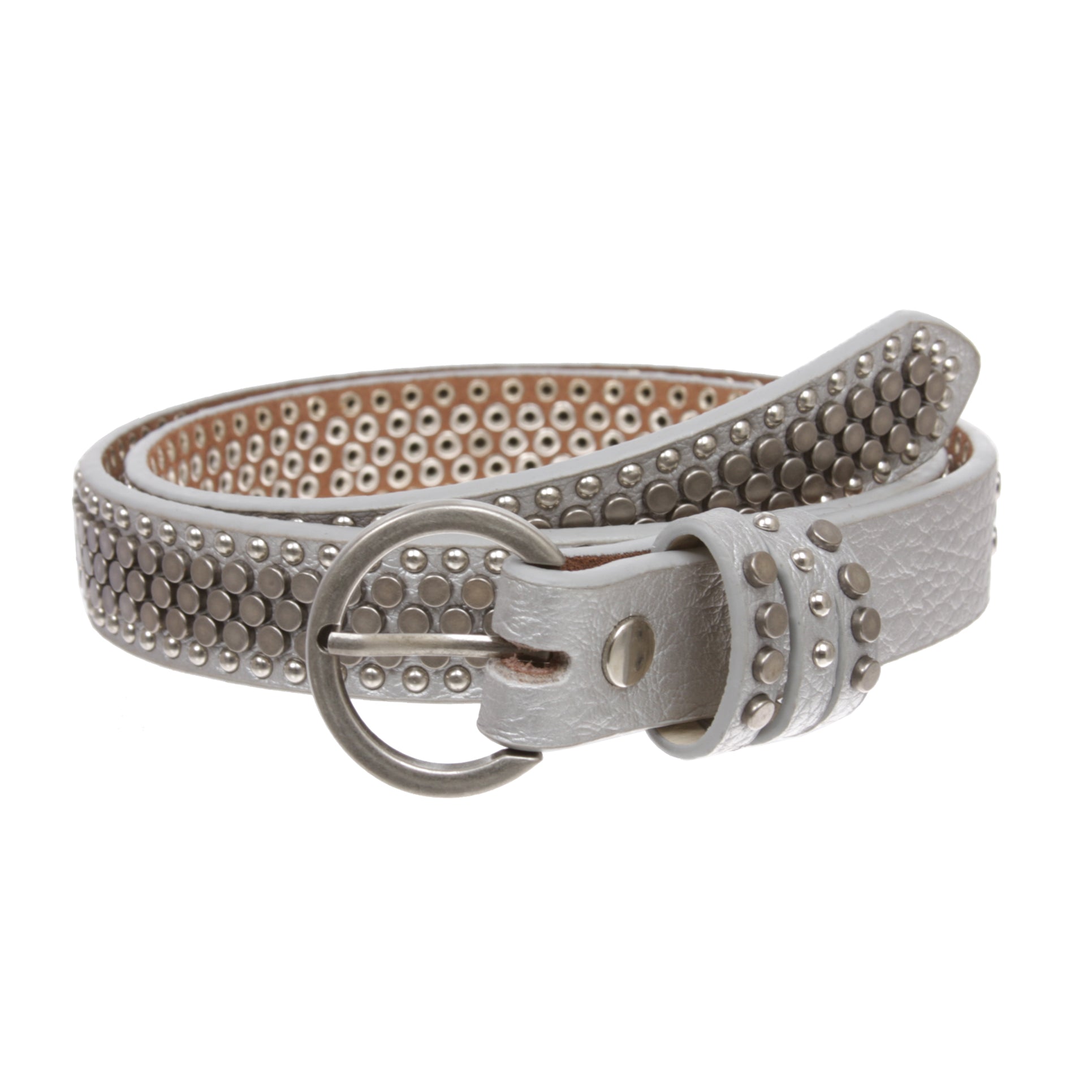 Women's Riveted Nail Heads Round Circle Studded Skinny Leather Jean Belt - OnlineBelts