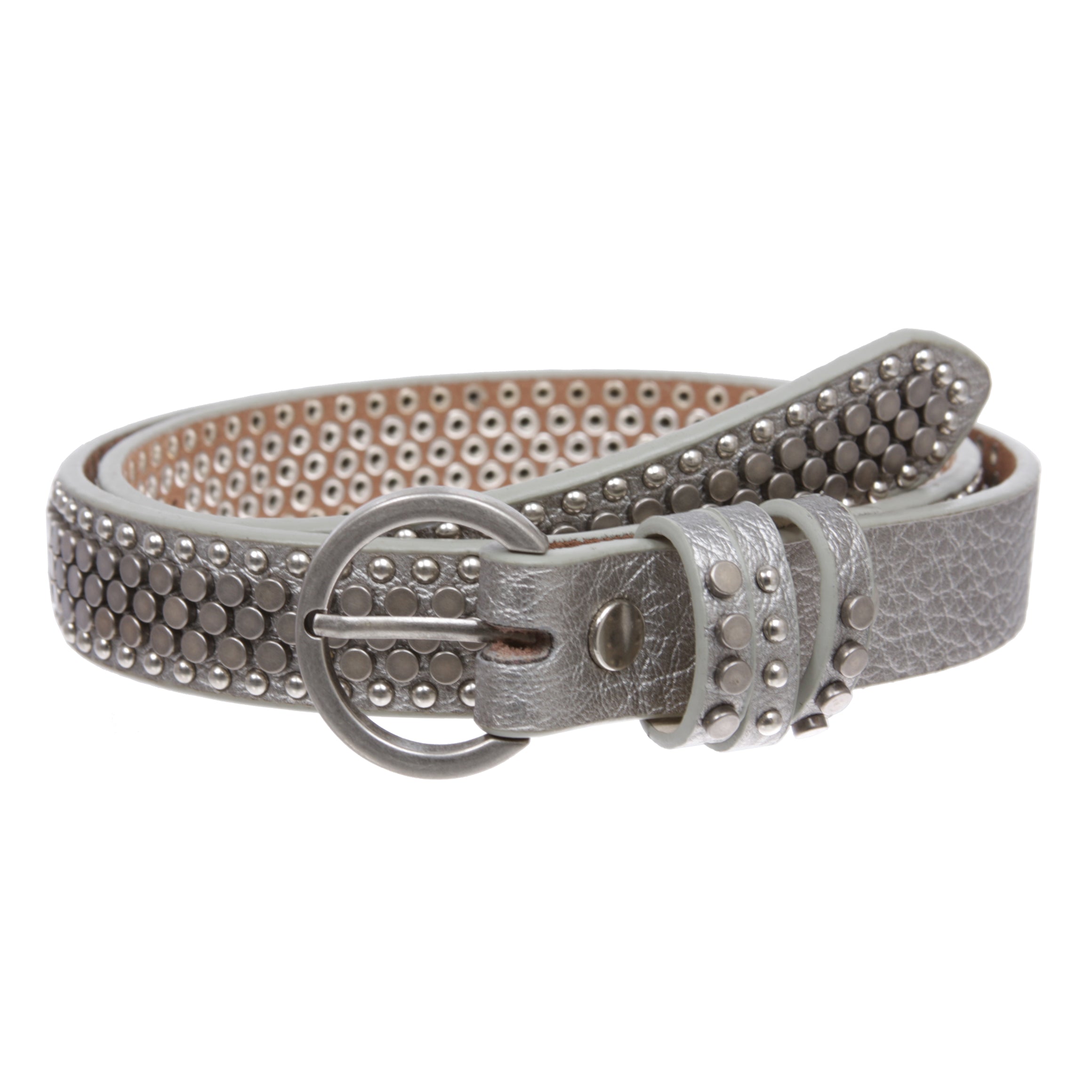 Women's Riveted Nail Heads Round Circle Studded Skinny Leather Jean Belt - OnlineBelts