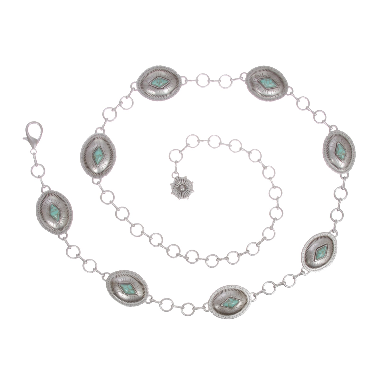 Women’s Western Concho Chain Belt with Turquoise Accents – Adjustable 41" Length