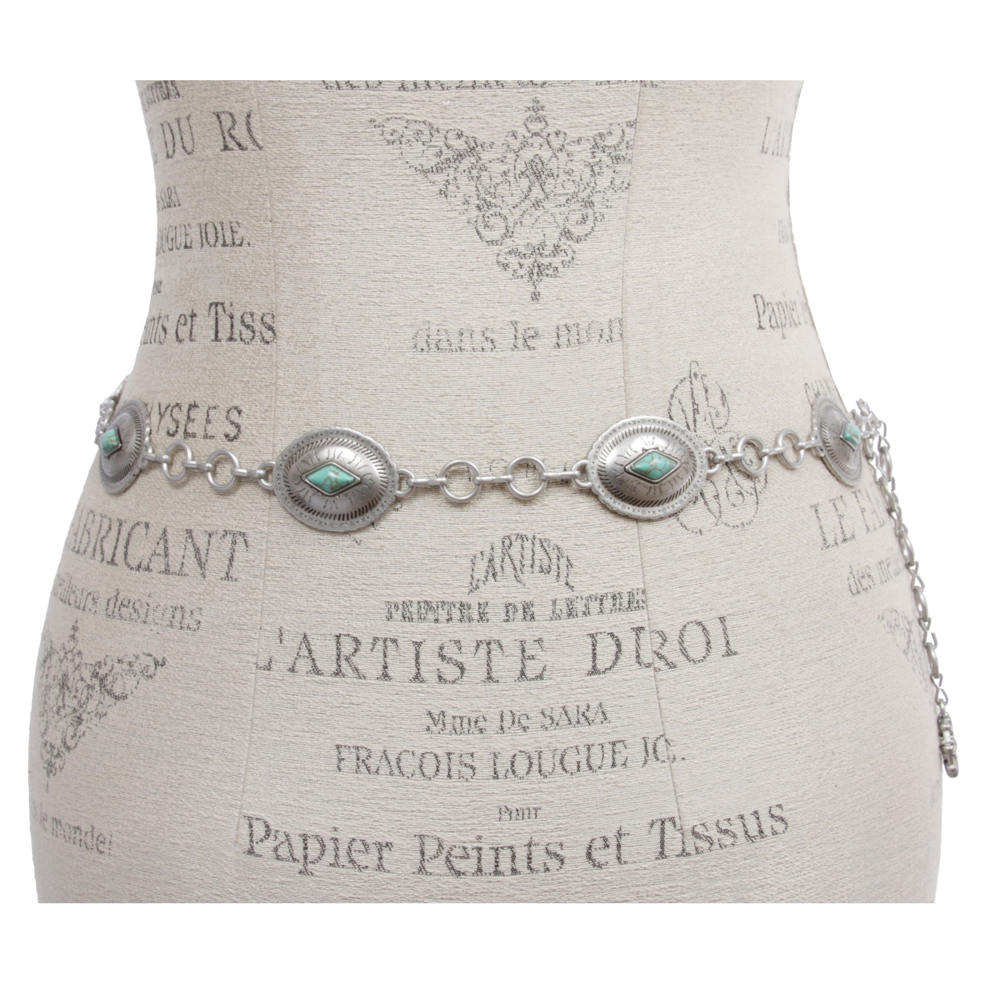 Women’s Western Concho Chain Belt with Turquoise Accents – Adjustable 41" Length