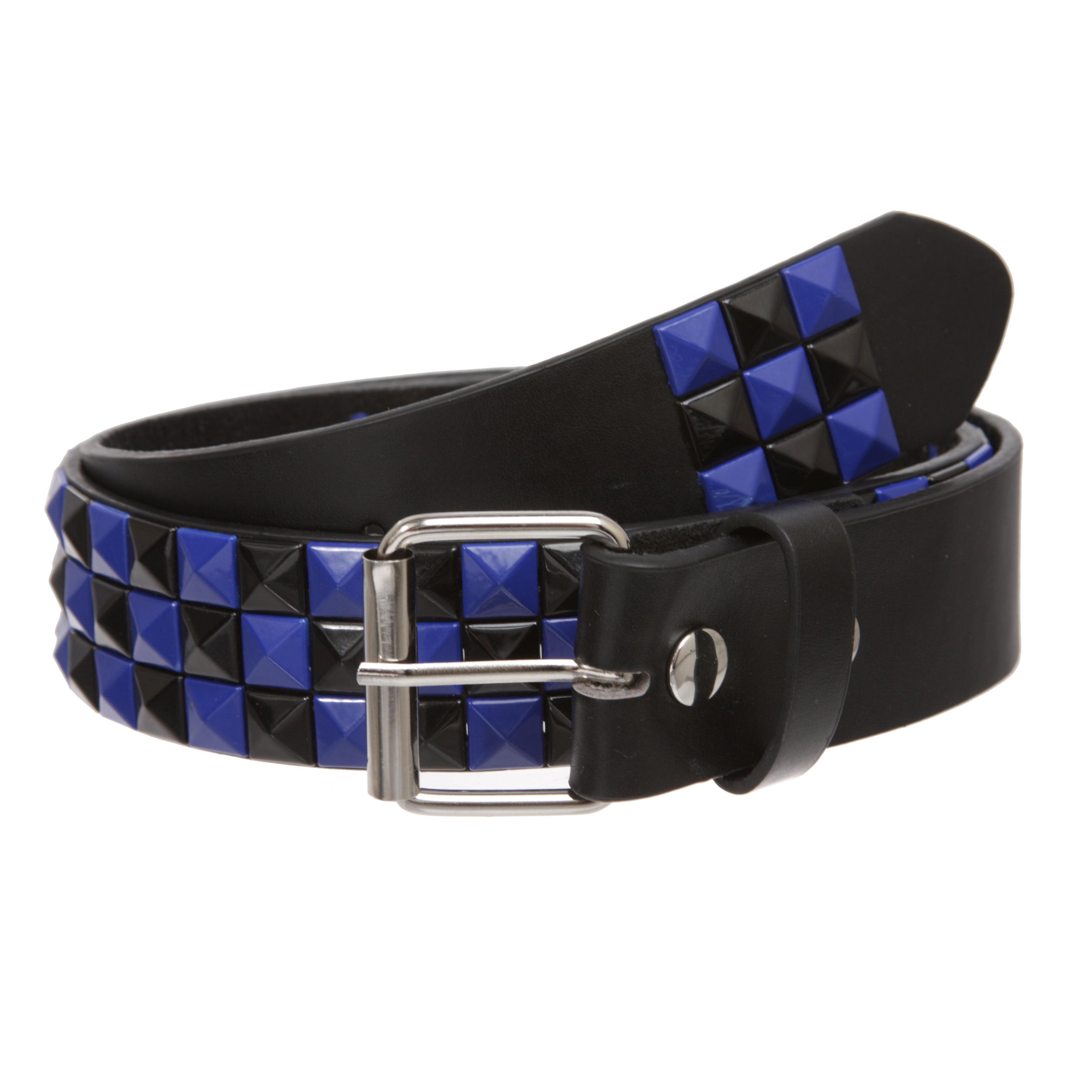 Snap On Punk Rock Black & Blue Star Studded Checker Board Leather Belt