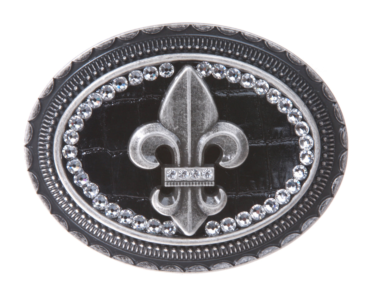 Oval Rhinestone Fleur De Lis with Croco Leather Top Belt Buckle