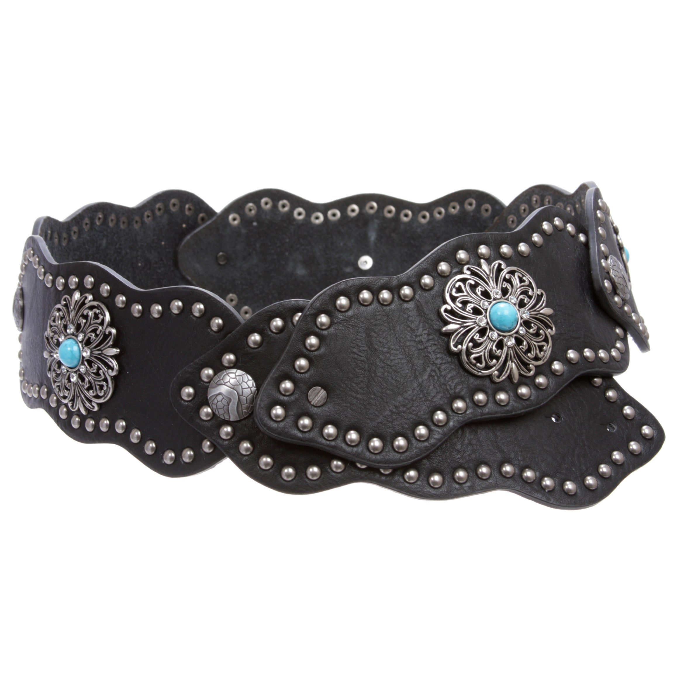 Women's 3" (75mm) Wide Boho Link Turquoise Silver Studded Leather Belt