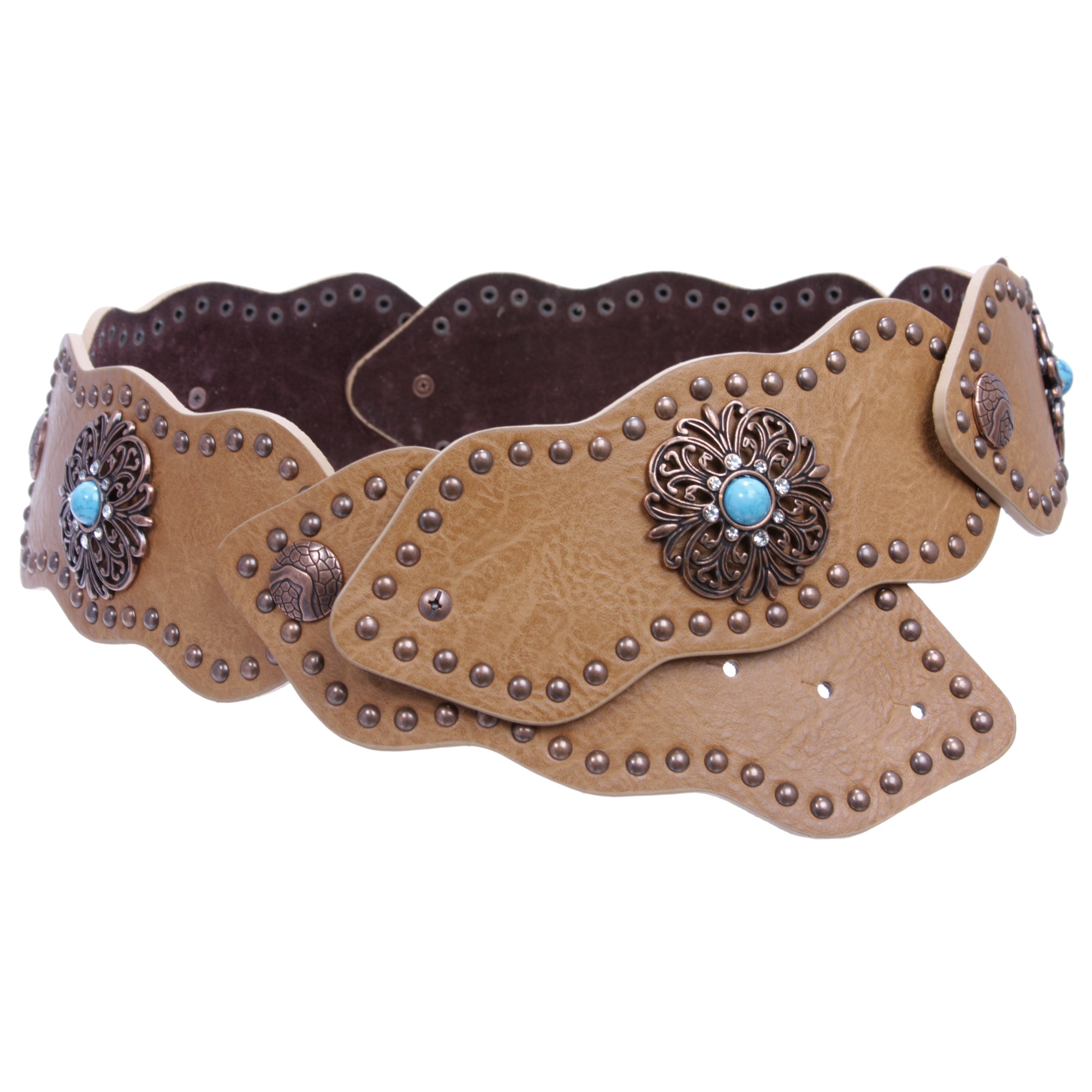 Women's 3" (75mm) Wide Boho Link Turquoise Silver Studded Leather Belt