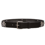 Snap On Pirates Skull Cross Bones and Silver Studded Stitching-Edged Leather Belt