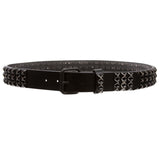 1.5" Three Row Punk Rock Star Distressed Black Studded Leather Belt