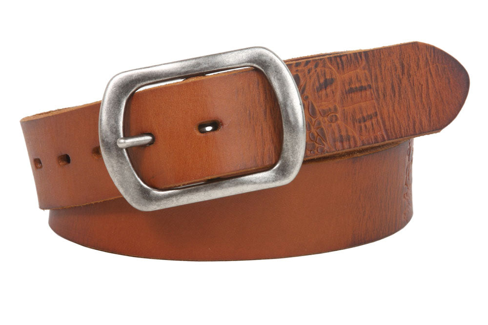 Snap On 1 1/2" Oval Soft Hand Vintage Cowhide Full Grain Embossed Leather Casual Belt