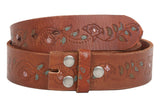 1 1/2" Snap On Floral Tree Engraved Oil Tanned Vintage Full Grain Leather Rectangular Rhinestone Heart & Flower Belt