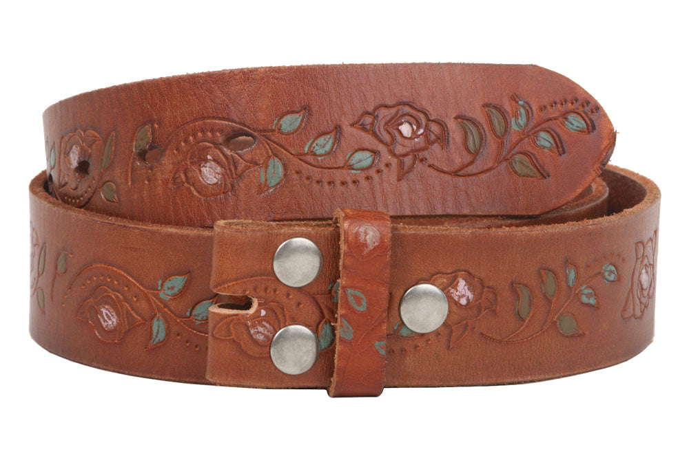 1 1/2 Inch Snap On Floral Tree Engraving Oil Tanned Vintage Full Grain Leather Rectangular Rhinestone Heart & Flower Belt