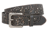 Snap On Vintage Cowhide Full Grain Leather Floral Rivet Perforated Casual Belt