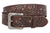 Snap On Vintage Cowhide Full Grain Leather Floral Rivet Perforated Casual Belt