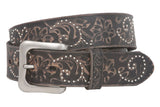 Snap On 1 1/2" Soft Hand Vintage Cowhide Full Grain Leather Floral Embossed Rivet Studded Casual Belt