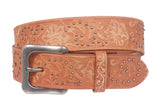 Snap On 1 1/2" Soft Hand Vintage Cowhide Full Grain Leather Floral Embossed Rivet Studded Casual Belt