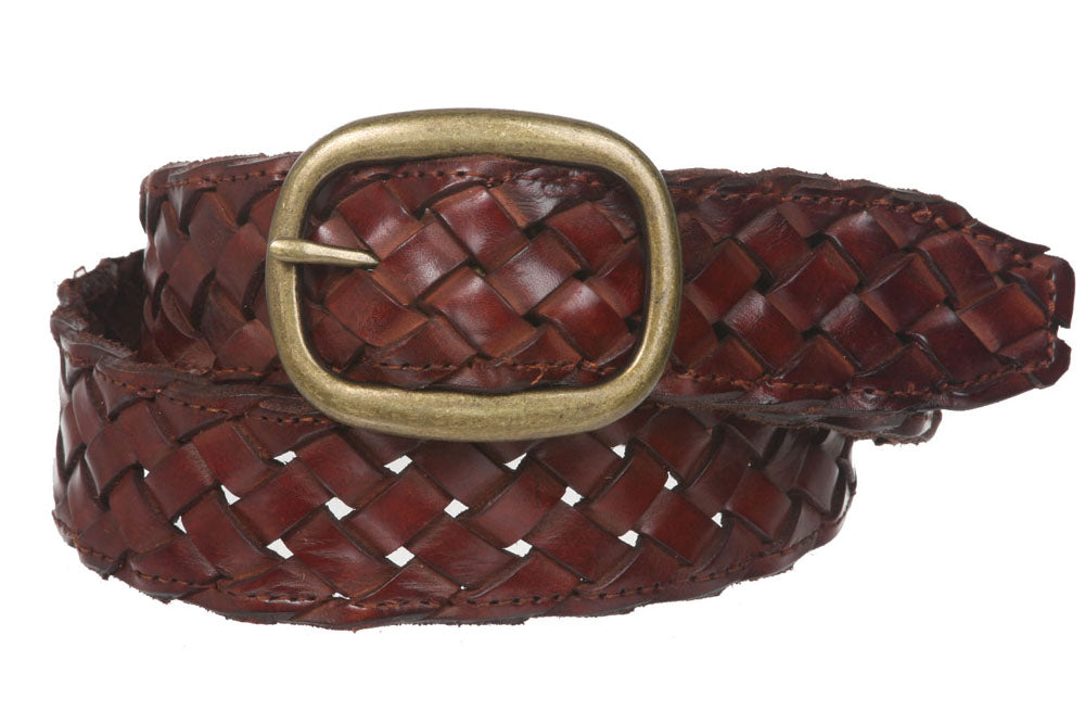 Womens 1 1/2" (38 mm) Snap On Oval Braided Woven Oil Tanned Leather Belt